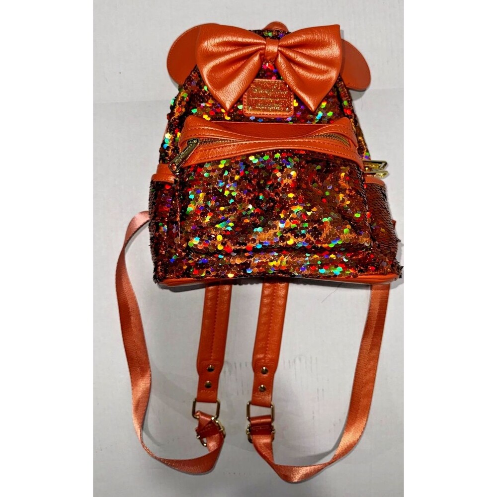 Disney Loungefly Minnie Mouse Sequined Mini Backpack Peach Punch